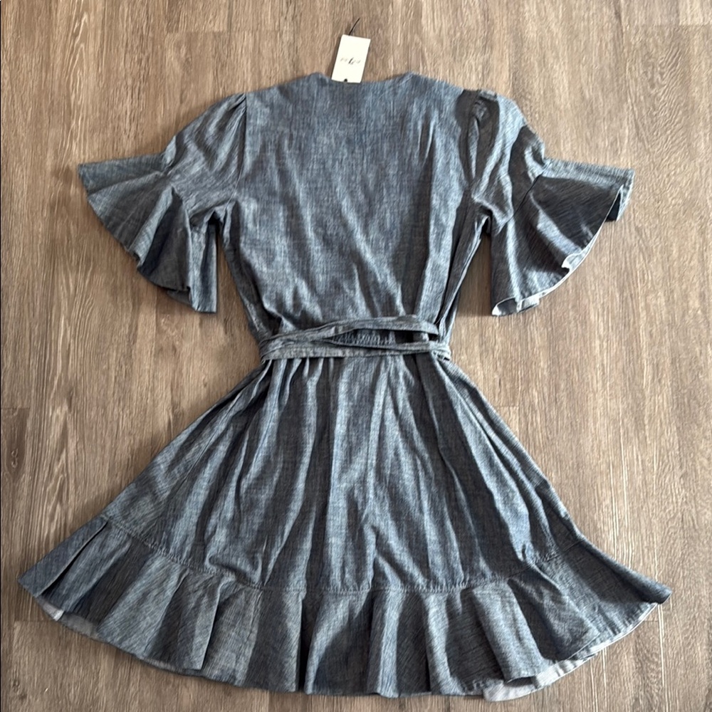 7 For All Mankind Blue Ruffled Flutter Sleeve Mini Dress - Picture 9 of 9